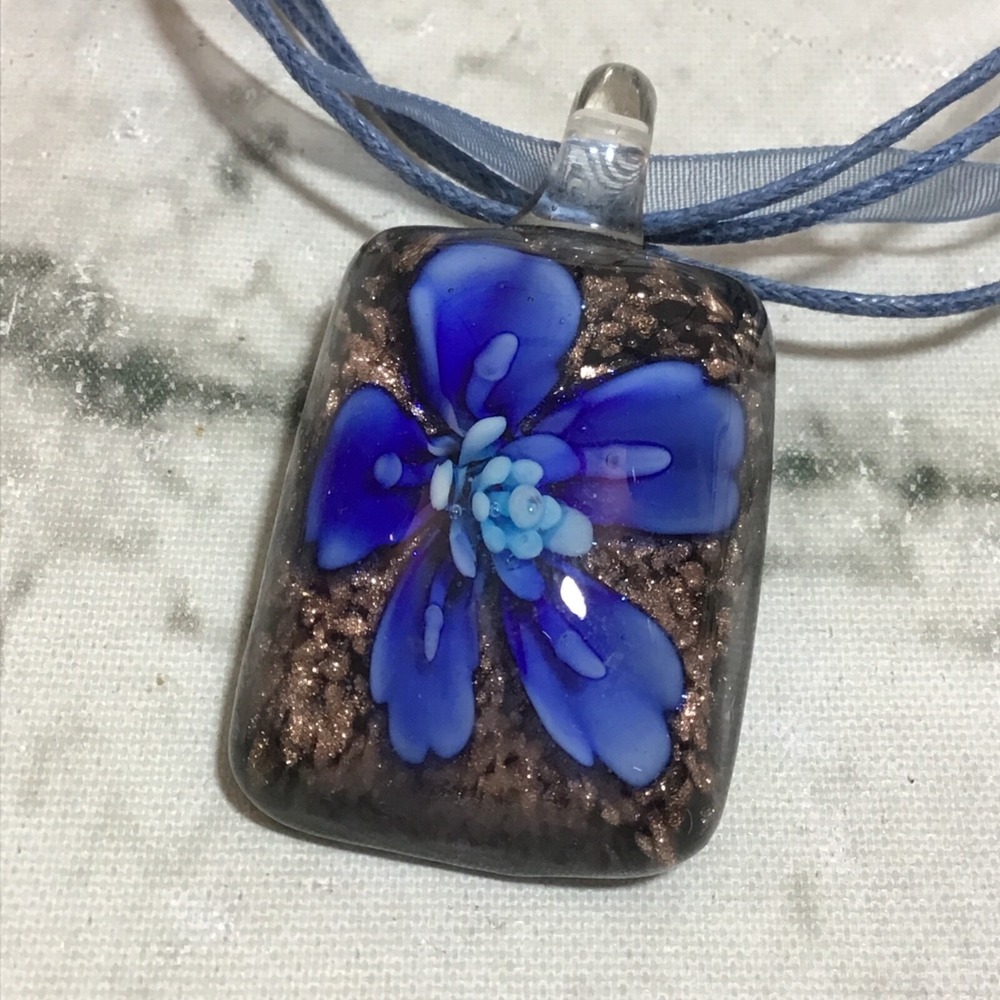 Art Glass Pendant Necklace Blue Flower Ribbon Rope